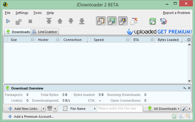 Aceasta este o captura de ecran a interfeței JDownloader. JDownloader permite descărcări mai bune.