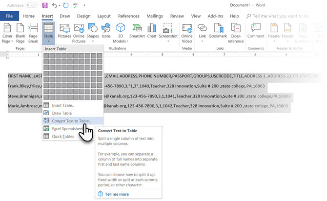 Microsoft Word Convert Text in Table