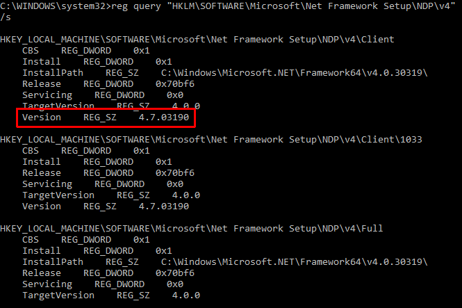 Prompt de comandă .NET Framework versiune