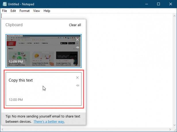 Faceți clic pe un element din clipboard pentru a-l insera în Notepad în Windows 10