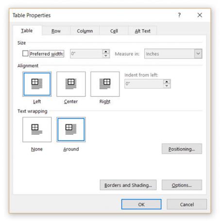 Proprietăți Microsoft Word-Table