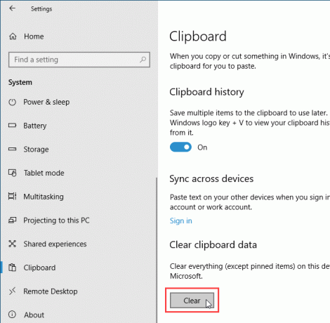 Ștergeți istoricul clipboard-ului utilizând Setări PC în Windows 10