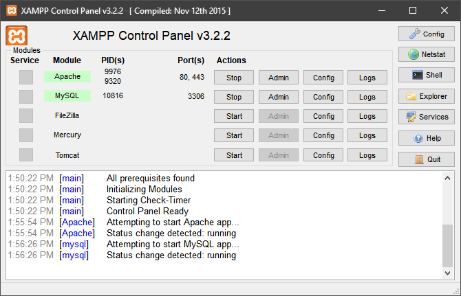 panoul de control xampp