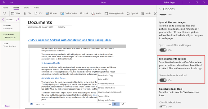 atașare cloud în OneNote pentru Windows 10