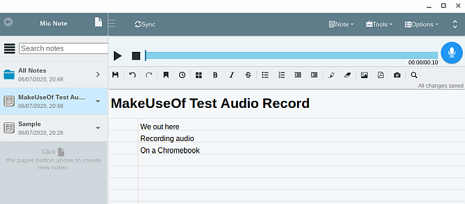 înregistrare audio pentru chromebook mic note