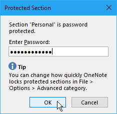 Caseta de dialog Secțiune protejată din OneNote 2016