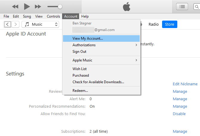 iTunes Gestionează abonamentele Windows