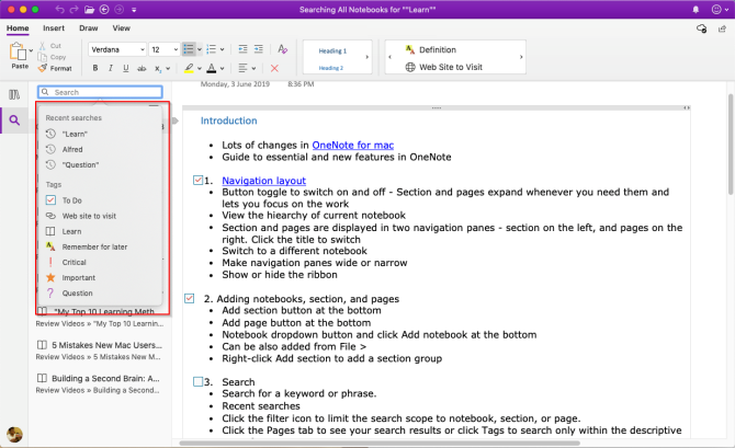 notele de căutare în OneNote Mac