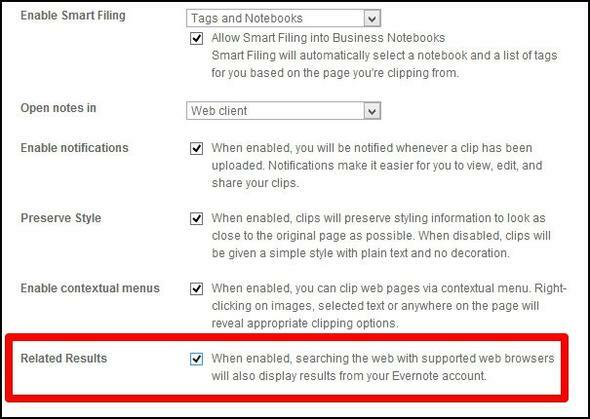 20 Funcții de căutare Evernote Ar trebui să utilizați rezultate Evernote în setările de căutare a clipperului web