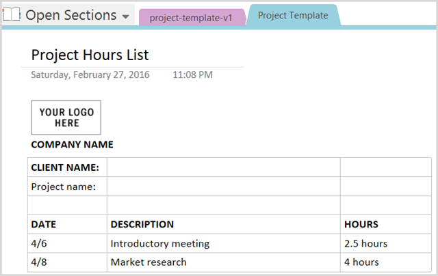 OneNoteProjectHoursTemplate