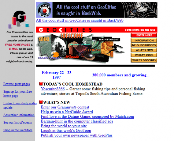 Screenshot a site-ului web GeoCities în 1997