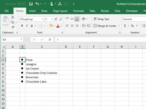 Creați o listă cu puncte în Excel folosind fontul Wingdings