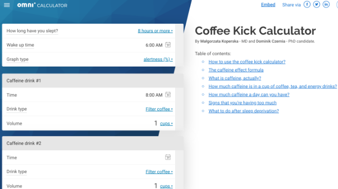 Coffee Kick by Omnicalculator îți spune când vei fi cel mai alert în funcție de consumul de cafea și programul de somn