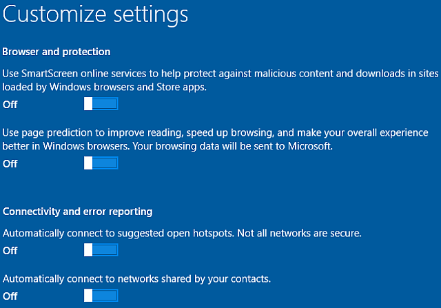 Windows 10 personalizați instalarea browserelor, conectivitate, rapoarte de eroare