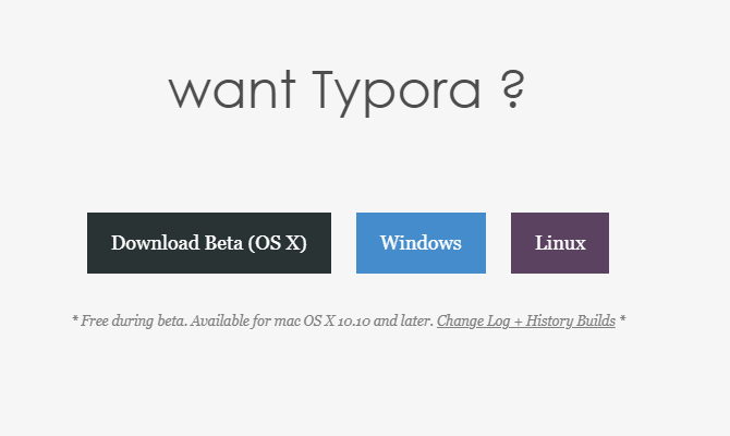 Site-ul web Typora care arată versiuni pentru Mac, Windows și Linux