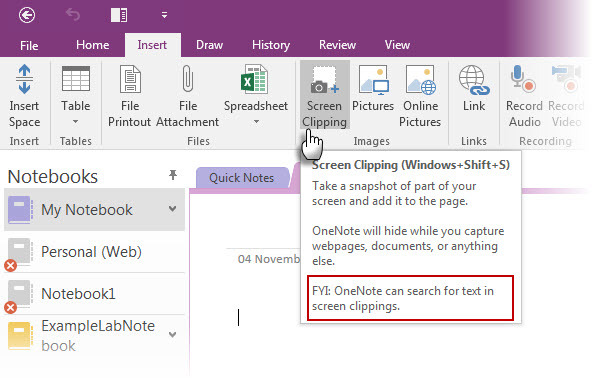 Decuparea ecranului OneNote