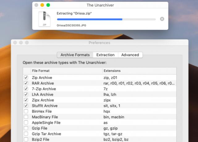 Extragerea de fișiere cu The Unarchiver pe macOS