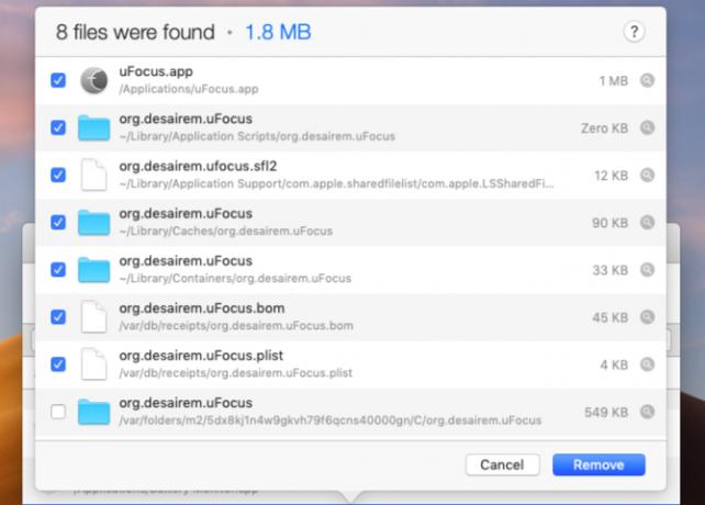 Fișiere găsite pentru eliminare în AppCleaner pe macOS