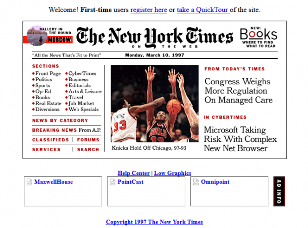 Captura de ecran a site-ului New York Times în 1997