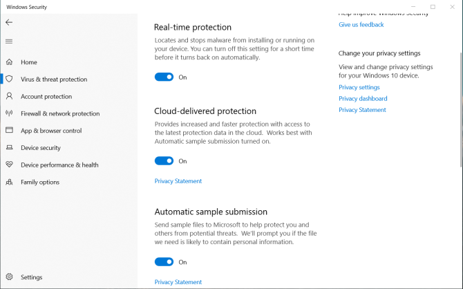 protecție împotriva virusului și a amenințărilor în Windows Defender