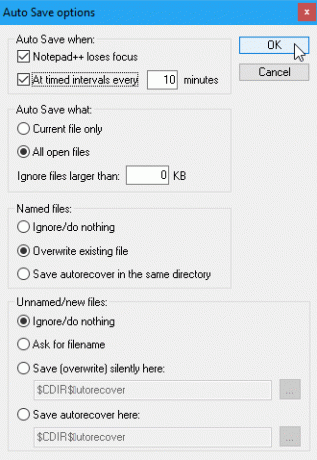 Caseta de dialog Opțiuni de salvare automată din Notepad ++