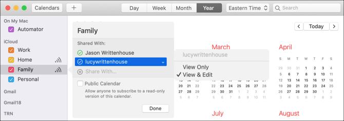 Calendarul Mac Share Adăugați oameni și permisiuni