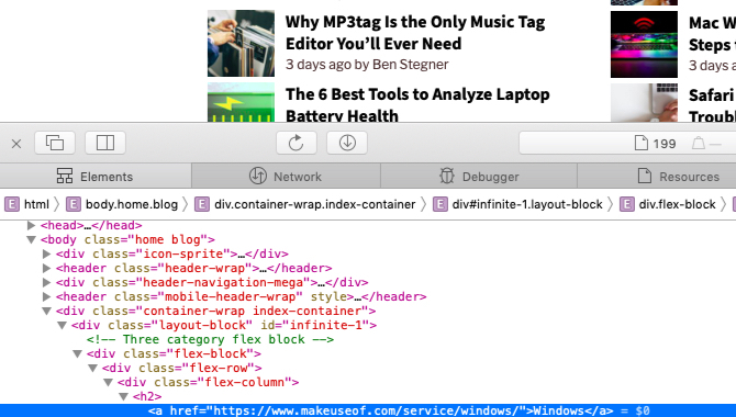 eșantionează date ale paginii web în inspectorul web Safari pe Mac