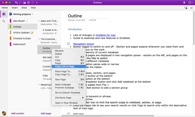 copiați linkul către pagina OneNote