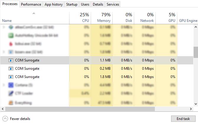 Procesul de surogare COM în Task Manager de Windows