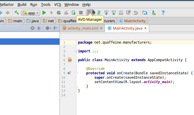 versiuni Android studio avdmanager toolbar