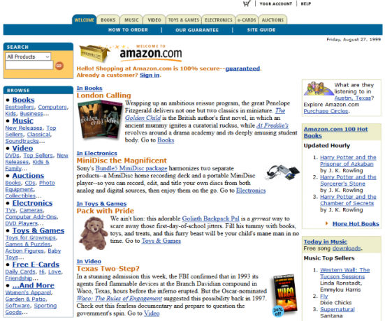 Captura de ecran a site-ului Amazon în 1999