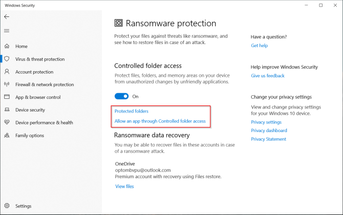 Protecție ransomware în Windows Defender