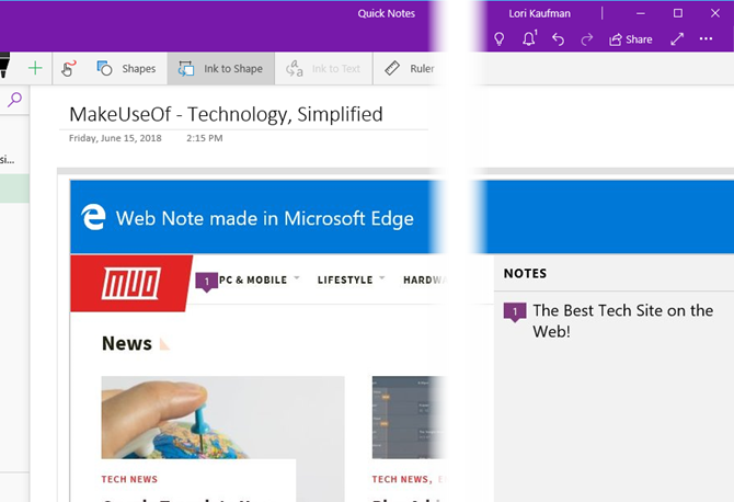 Notă web de la Edge în OneNote