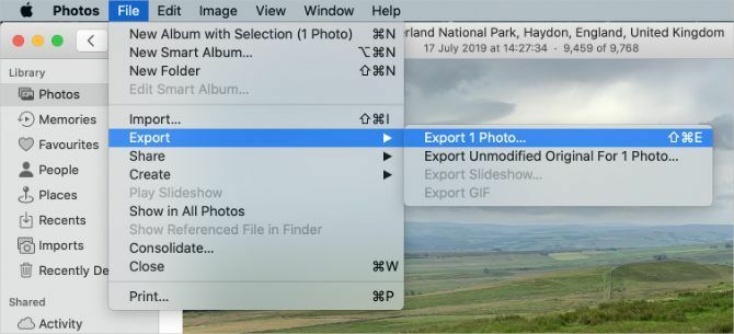 Opțiunea Export fotografie în Fotografii pe Mac