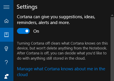 Setări Cortana Windows 10