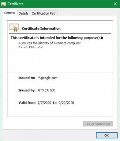 Certificat pentru site-ul Chrome