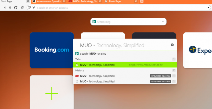Căutare în fila Comenzi rapide Vivaldi