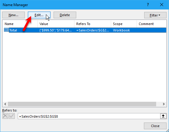 Faceți clic pe Editați în caseta de dialog Manager de nume
