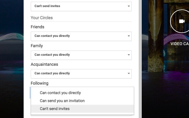 funcția Hangouts cercuri invita-settings