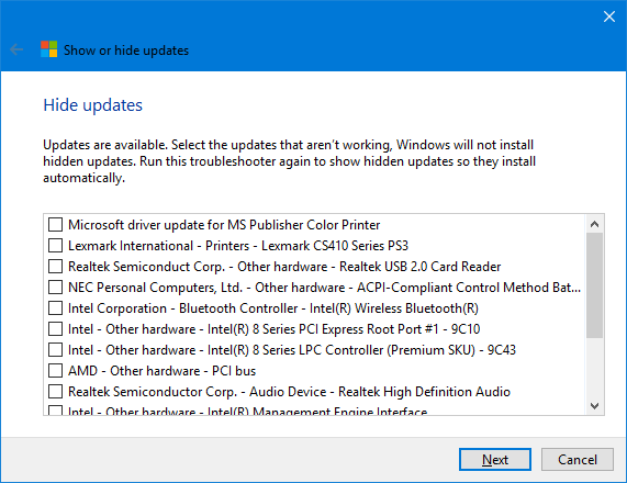 Windows 10 Ascunde lista actualizărilor