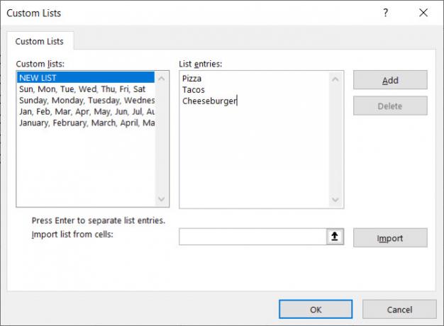 Înregistrări de listă personalizate Excel
