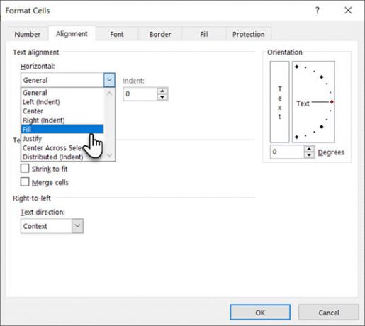 Selectați Completare sub casetă de dialog Format orizontal în celule Format în Excel