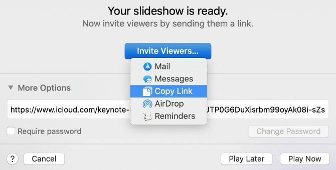 Opțiunea Keynote Live Invite Viewers