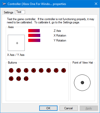 Fereastra de calibrare a controlorului de joc Windows