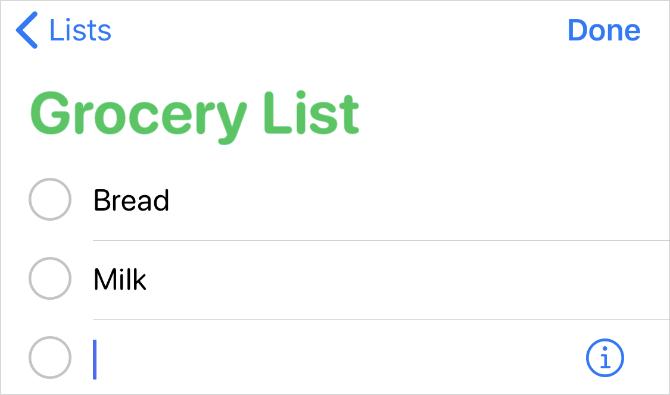 Lista alimentară în aplicația Memento-uri pe iPhone