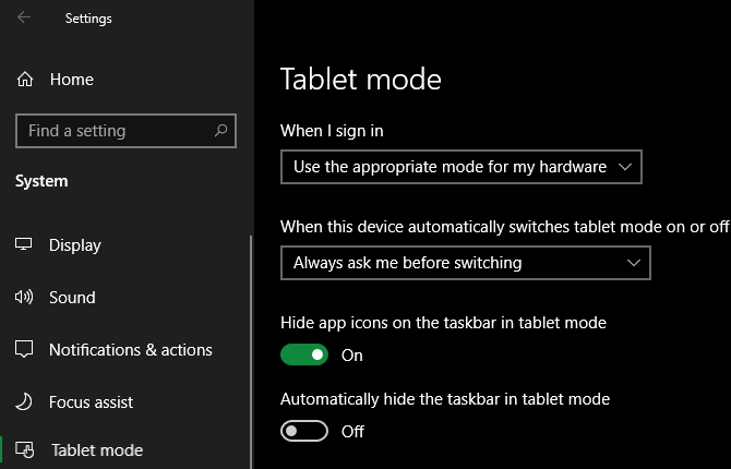 Opțiuni pentru modul tablete Windows 10