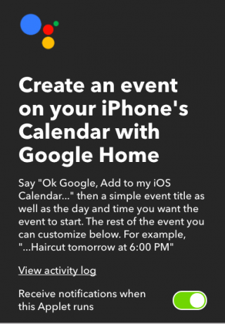 Adăugați evenimente în calendarul dvs. iOS folosind comenzi Google Voice IFTTTGoogleHome