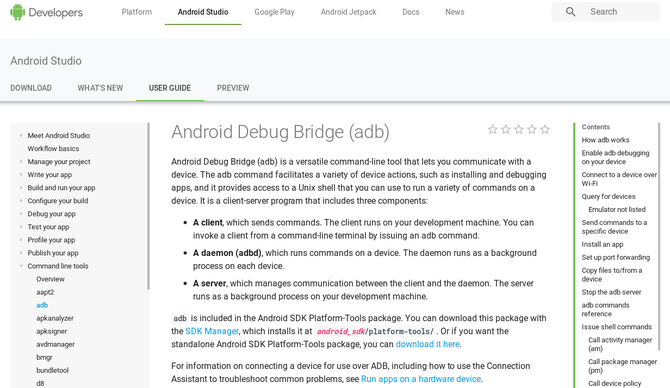 Pagina web a dezvoltatorilor Android care descrie ADB