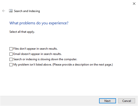 Windows index căutare probleme de rezolvare a problemelor