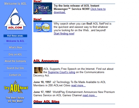 Screenshot a site-ului web AOL în 1997